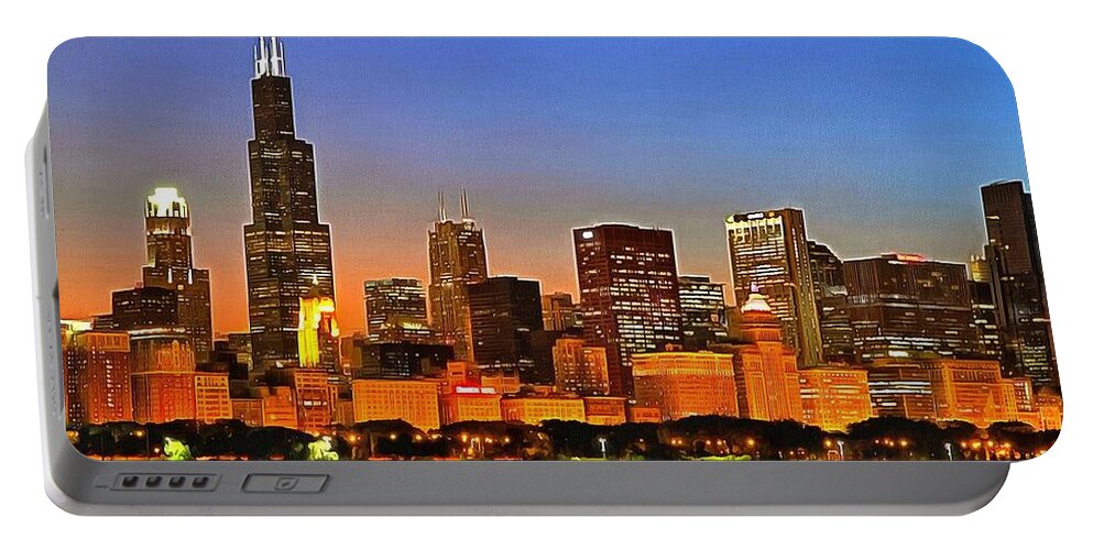 Chicago Portable Battery Charger featuring the digital art Chicago Dusk by Charmaine Zoe