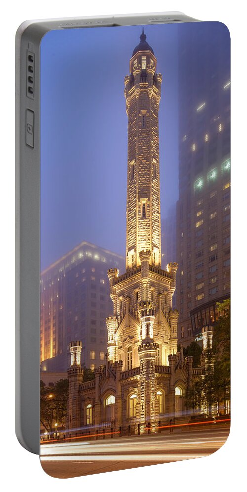 Windy Portable Battery Charger featuring the photograph Chicago Historic Water Tower On Michigan Avenue Foggy Twilight - Chicago Illinois by Silvio Ligutti