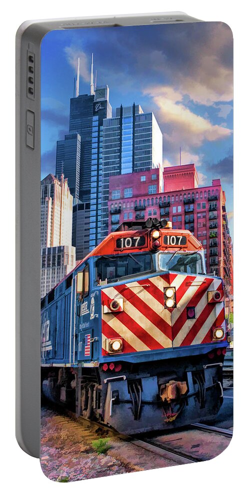 Chicago Portable Battery Charger featuring the painting Chicago Metra Train Downtown by Christopher Arndt
