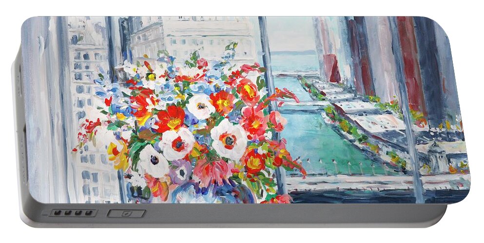 Flowers Portable Battery Charger featuring the painting Chicago River by Ingrid Dohm