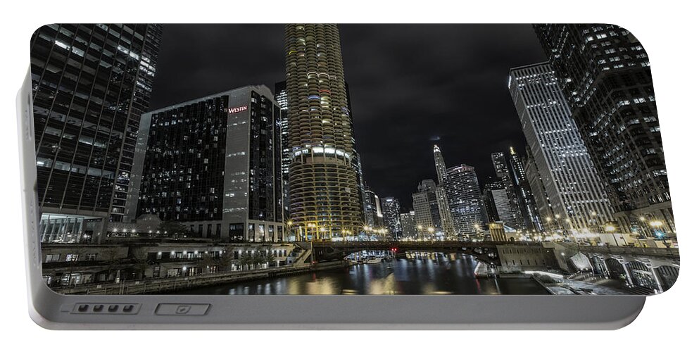 Chicago Portable Battery Charger featuring the photograph Chicago Riverfront Skyline at Night by Keith Kapple
