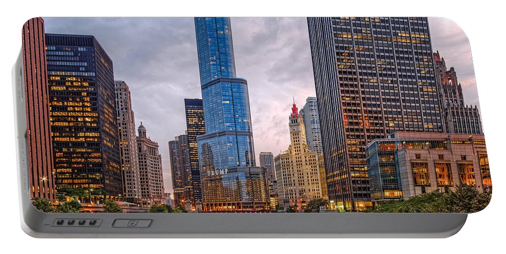 City Portable Battery Charger featuring the photograph Chicago Riverwalk Equitable Wrigley Building and Trump International Tower and Hotel at Sunset by Silvio Ligutti