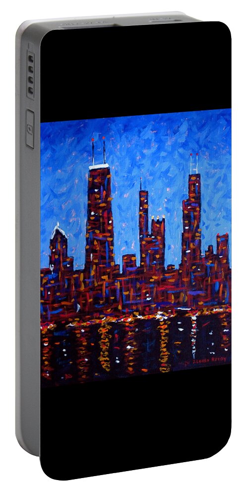 Night Painting Portable Battery Charger featuring the painting Chicago Skyline at Night from North Avenue Pier - vertical by J Loren Reedy