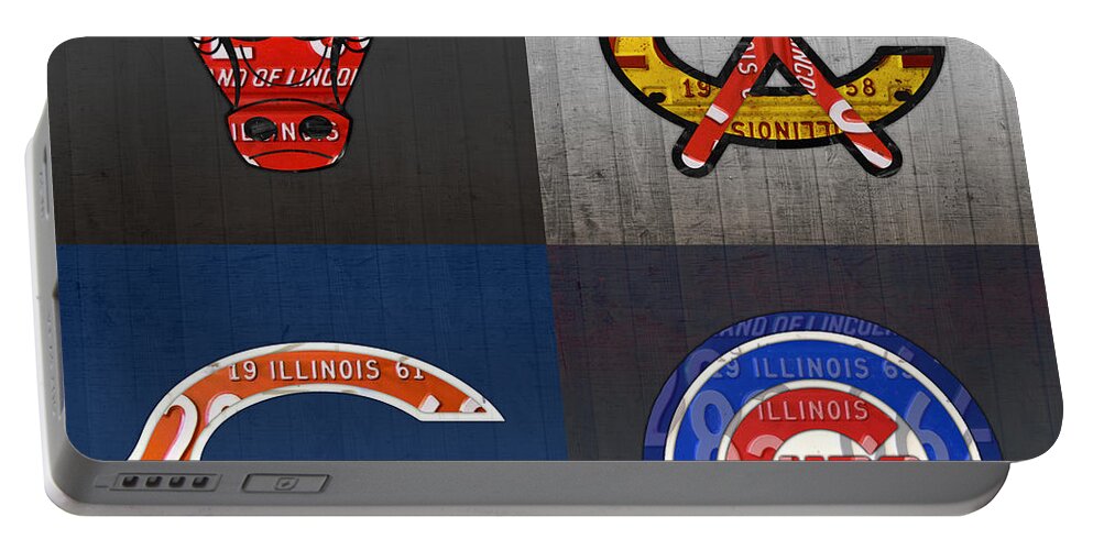 Chicago Portable Battery Charger featuring the mixed media Chicago Sports Fan Recycled Vintage Illinois License Plate Art Bulls Blackhawks Bears and Cubs by Design Turnpike