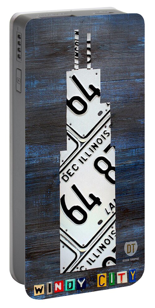Chicago Portable Battery Charger featuring the mixed media Chicago Windy City Harris Sears Tower License Plate Art by Design Turnpike