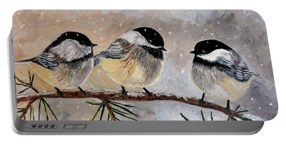 Chickadees Portable Battery Charger featuring the painting Chickadee Chat by Julie Brugh Riffey