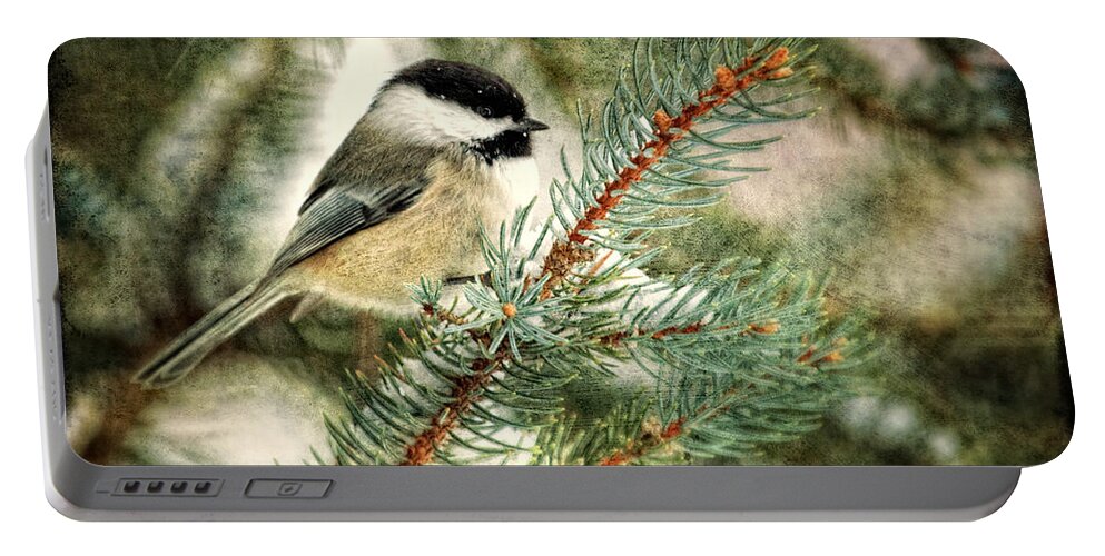 Black-capped Chickadee Portable Battery Charger featuring the photograph Chickadee on a snowy tree by Al Mueller