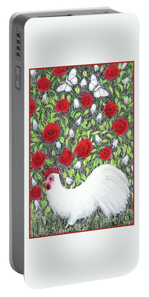Lise Winne Portable Battery Charger featuring the painting Chicken and Butterflies in the Flowers by Lise Winne