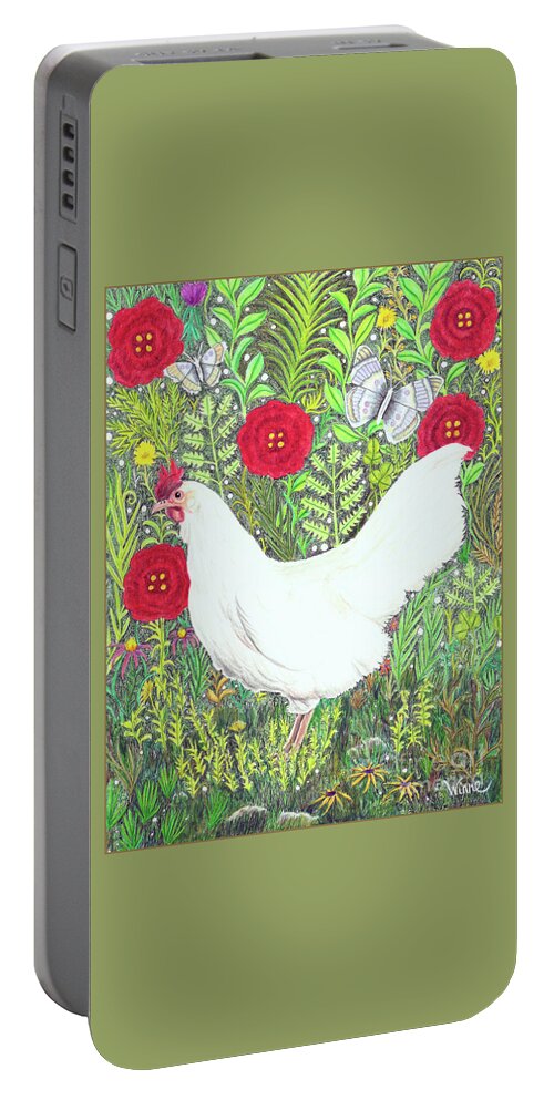 Lise Winne Portable Battery Charger featuring the painting Chicken with Millefleurs and Butterflies by Lise Winne