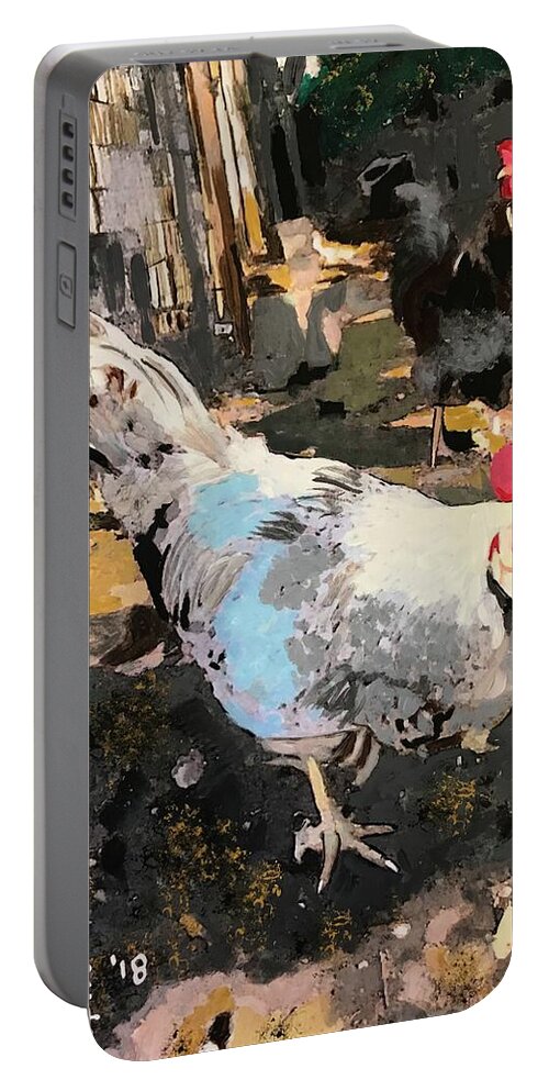 Chicken Portable Battery Charger featuring the painting Chickens on the farm by Gary Springer