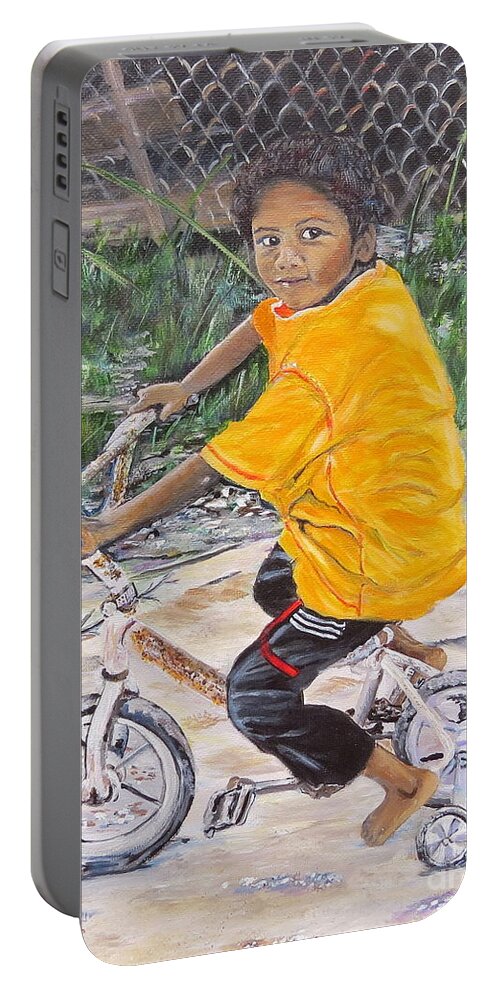Boy Portable Battery Charger featuring the painting Chico y bicicleta by Marilyn McNish
