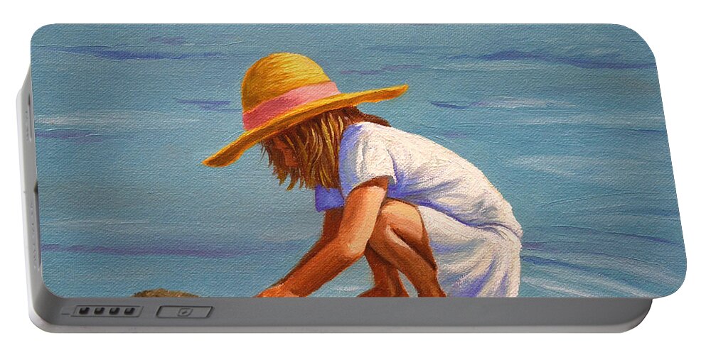 Child Portable Battery Charger featuring the painting Child playing in the sand by Christopher Shellhammer