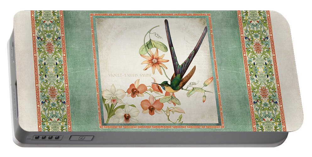 Chinese Ornamental Paper Portable Battery Charger featuring the digital art Chinoiserie Vintage Hummingbirds n Flowers 3 by Audrey Jeanne Roberts