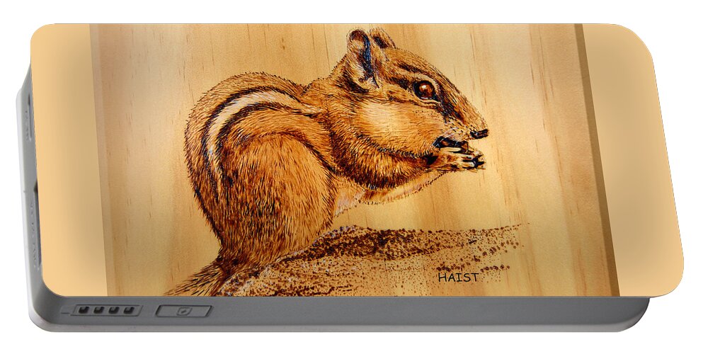 Chipmunk Portable Battery Charger featuring the pyrography Chippies Lunch by Ron Haist