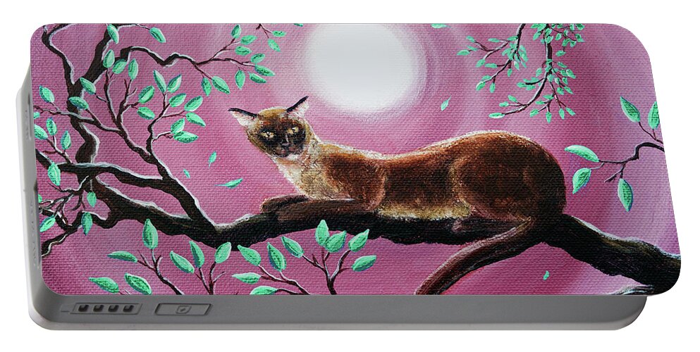Burmese Portable Battery Charger featuring the painting Chocolate Burmese Cat in Dancing Leaves by Laura Iverson