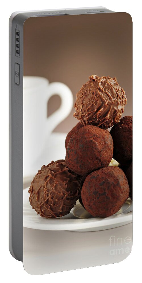 Chocolate Portable Battery Charger featuring the photograph Chocolate truffles and coffee 2 by Elena Elisseeva