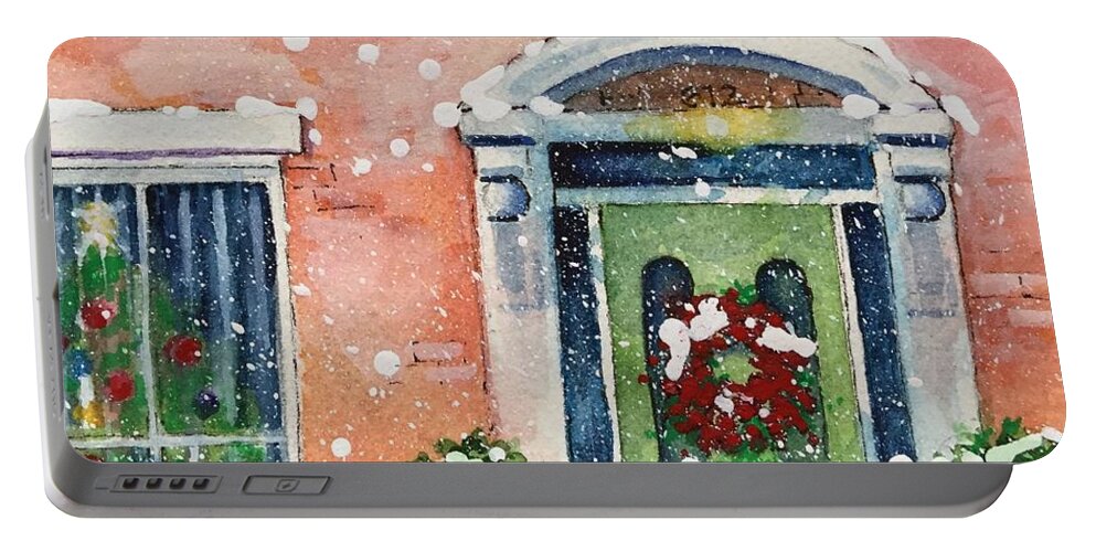 Christmas Cards By Rebecca Matthews Portable Battery Charger featuring the painting Christmas at the rectory by Rebecca Matthews