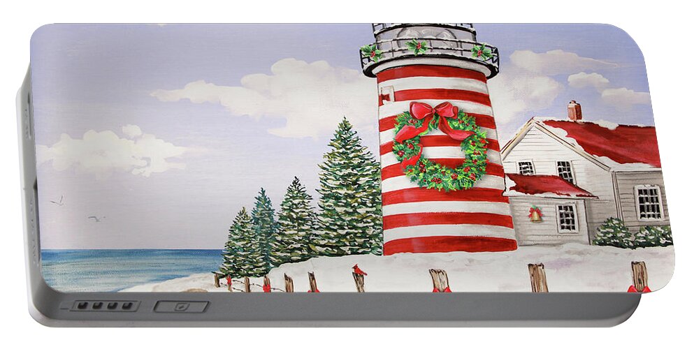 Lighthouse Portable Battery Charger featuring the painting Christmas Lighthouse-JP3897 by Jean Plout