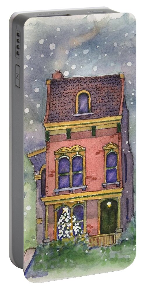 Watercolor Christmas Card Portable Battery Charger featuring the painting Christmas on North Hill by Rebecca Matthews