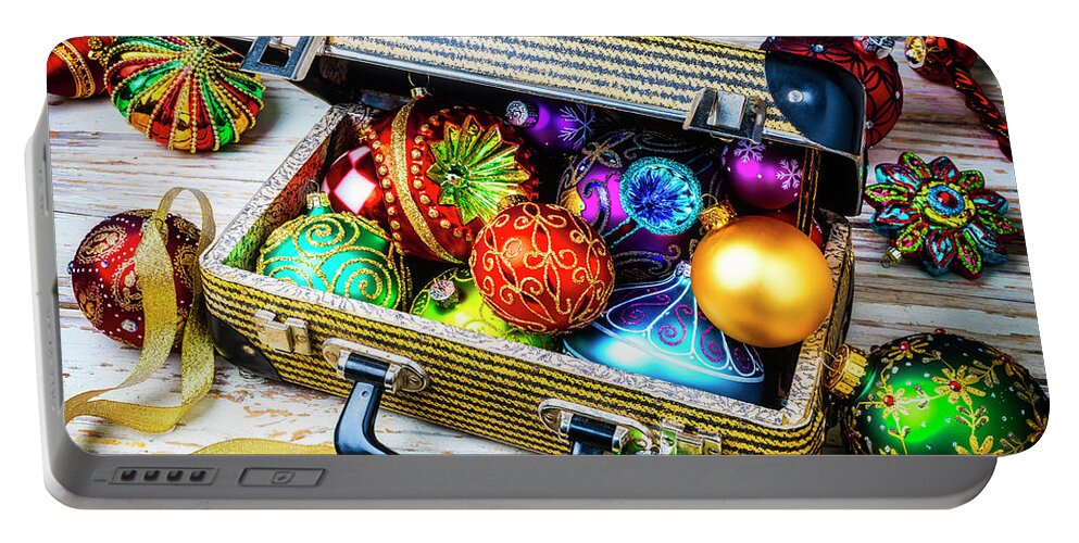 Abundance Portable Battery Charger featuring the photograph Christmas Ornaments In Small Suitcase by Garry Gay