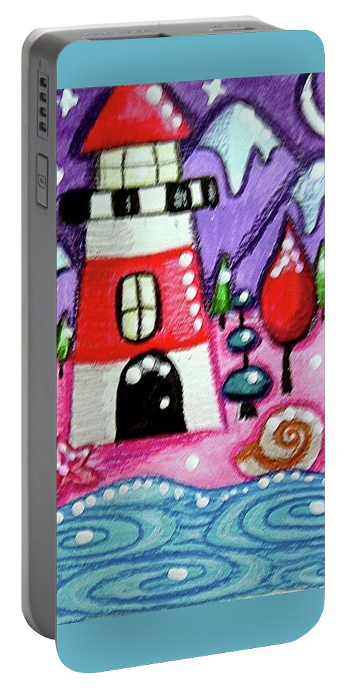 Lighthouse Portable Battery Charger featuring the painting Christmasy Lighthouse by Monica Resinger