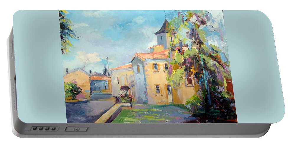 Siecq 79 Portable Battery Charger featuring the painting Church at Sciecq by Kim PARDON