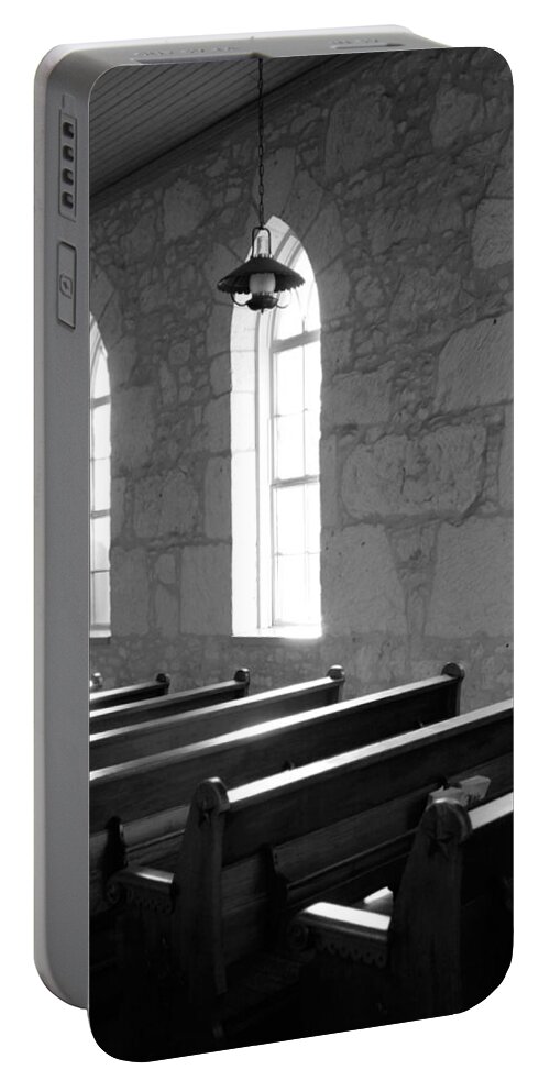 Black And White Portable Battery Charger featuring the photograph Church Pews black and white by Jill Reger