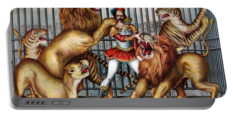 Entertainment Portable Battery Charger featuring the photograph Circus Lion Taming Act 1873 by Science Source
