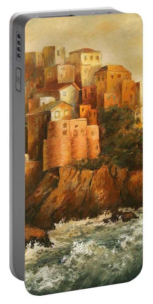 Manarola Portable Battery Charger featuring the painting Cinque Terre Lerici Italia painting by Vali Irina Ciobanu