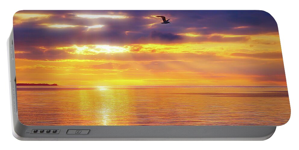Sun Portable Battery Charger featuring the photograph City Flare Heavenly Flight by Aimee L Maher ALM GALLERY