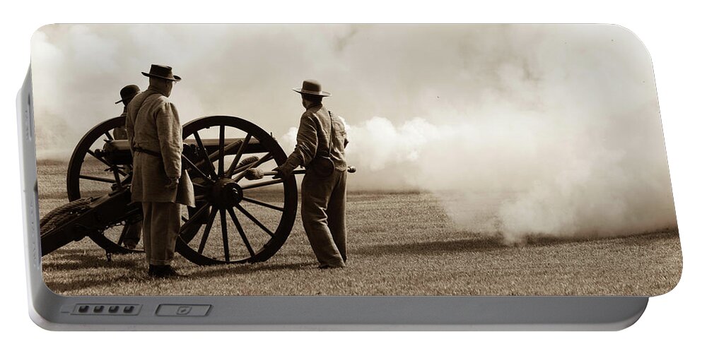 Sepia Portable Battery Charger featuring the photograph Civil War Era Cannon Firing by Doug Camara