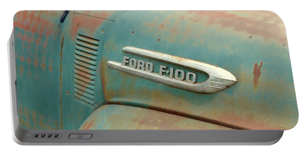 Trucks Portable Battery Charger featuring the photograph Classic Cars - Ford F-100 Hood Close Up by Jason Freedman