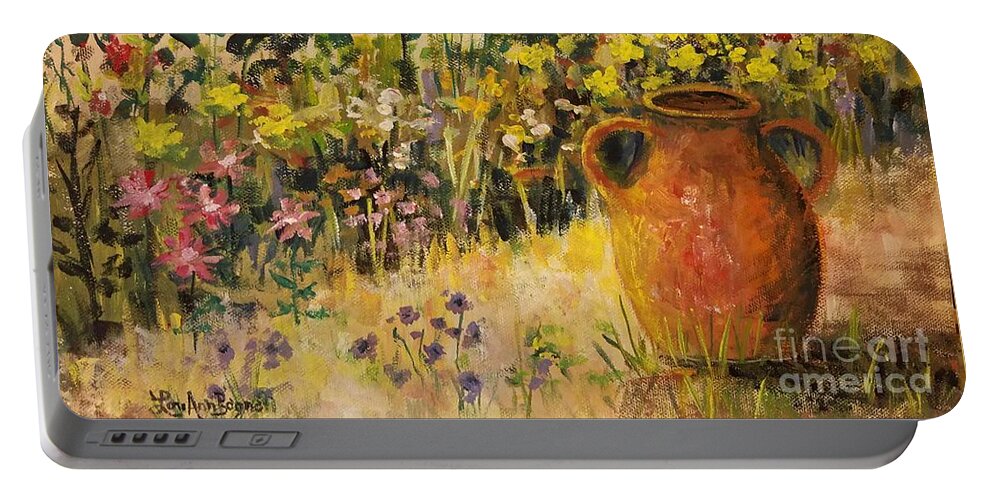 Garden Portable Battery Charger featuring the painting Clay Pot in the Garden by Lou Ann Bagnall