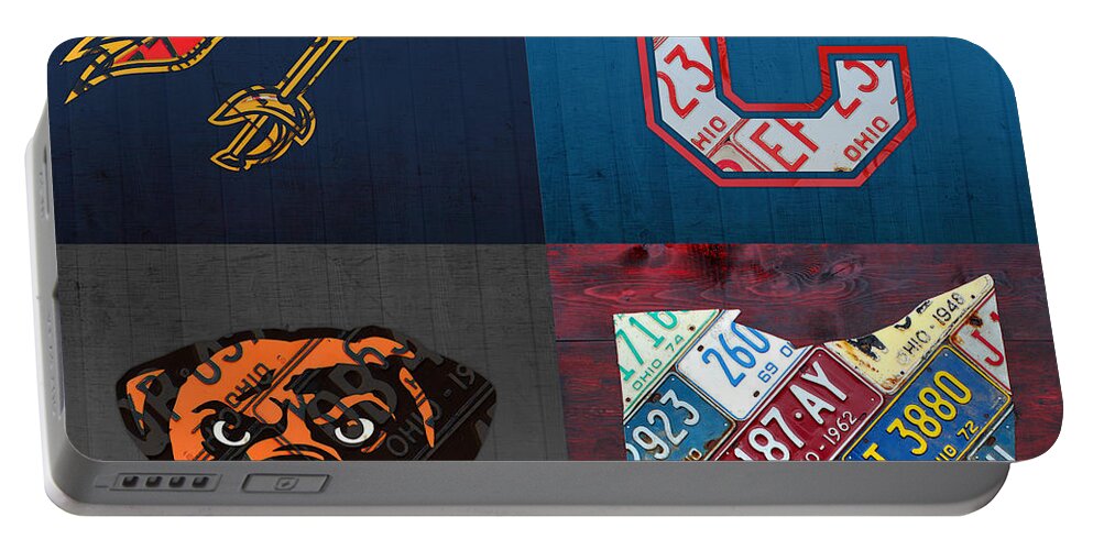 Cleveland Portable Battery Charger featuring the mixed media Cleveland Sports Fan Recycled Vintage Ohio License Plate Art Cavaliers Indians Browns and State Map by Design Turnpike