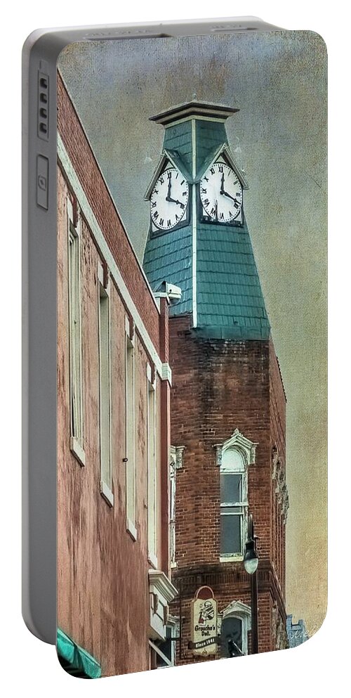 Clock Portable Battery Charger featuring the photograph Clock Tower Downtown Statesville North Carolina by Melissa Bittinger