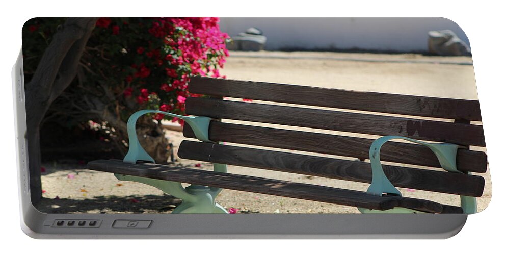 Park Bench Portable Battery Charger featuring the photograph Closeup of Park Bench in La Quinta by Colleen Cornelius