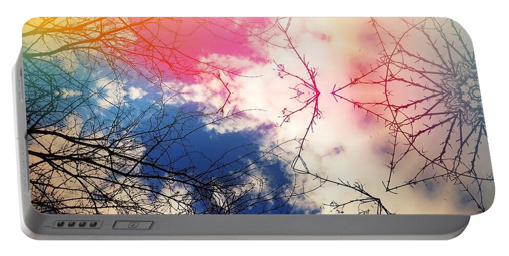 Colorful Portable Battery Charger featuring the digital art Cloudburst tree kaleidoscope by Itsonlythemoon