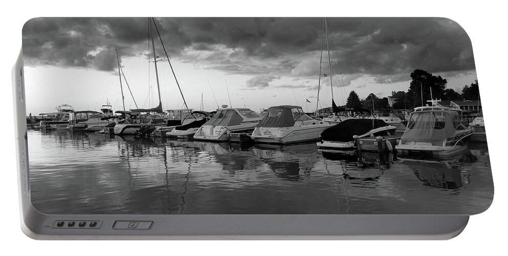 Cloudy Portable Battery Charger featuring the photograph Cloudy Marina Perspective B W by David T Wilkinson