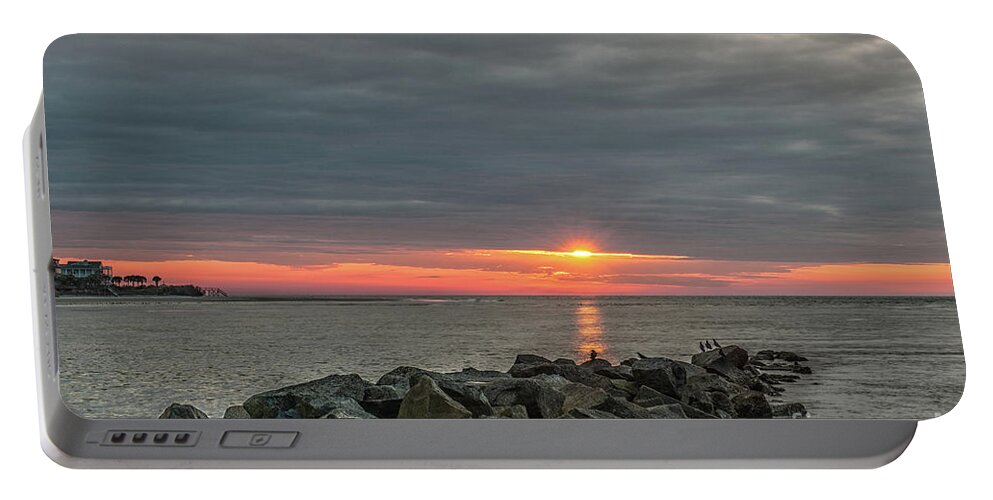 Sunrise Portable Battery Charger featuring the photograph Cloudy Sunrise over Breach Inlet in Charleston South Carolina by Dale Powell