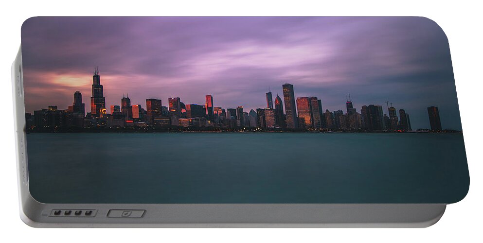 Chicago Portable Battery Charger featuring the photograph Cloudy sunset Chicago skyline by Jay Smith
