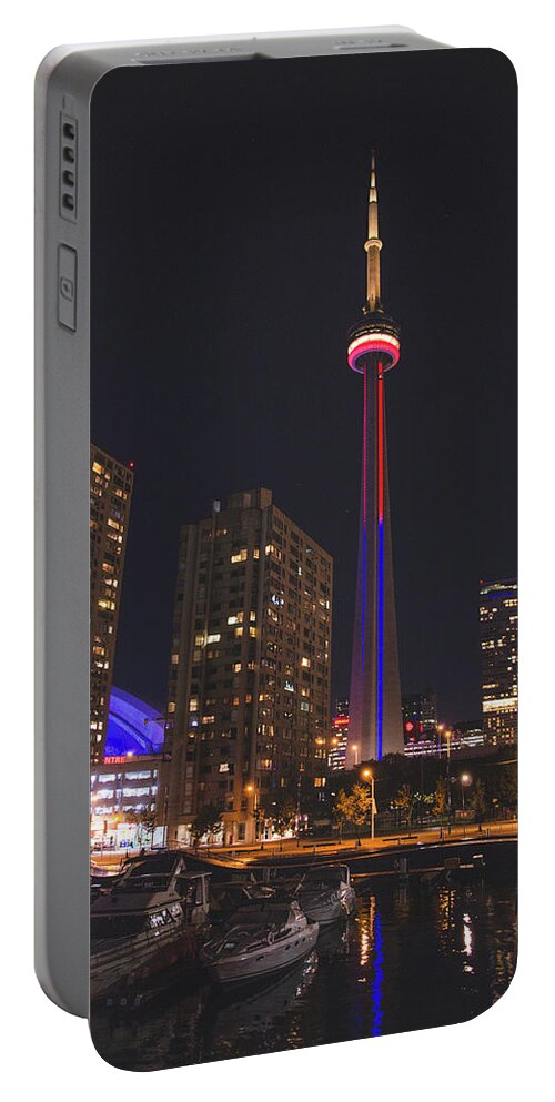17sep16 Portable Battery Charger featuring the photograph CN Tower Toronto from Marina at Night by Jeff at JSJ Photography