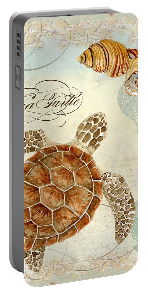 Watercolor Portable Battery Charger featuring the painting Coastal Waterways - Green Sea Turtle Rectangle 2 by Audrey Jeanne Roberts