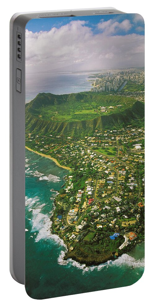 Above Portable Battery Charger featuring the photograph Coastline And Diamond Head by Tomas del Amo - Printscapes