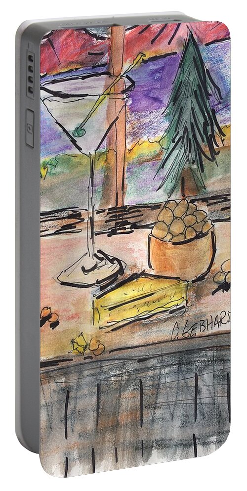 Window Scene Portable Battery Charger featuring the painting Cocktail At Tahoe by Chuck Gebhardt
