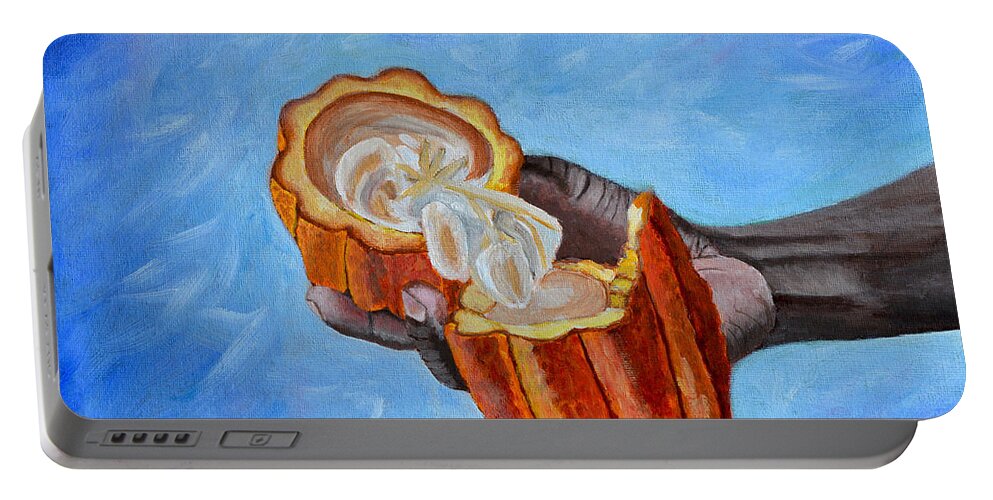 Grenada Portable Battery Charger featuring the painting Cocoa Pod In Hand v2 by Laura Forde