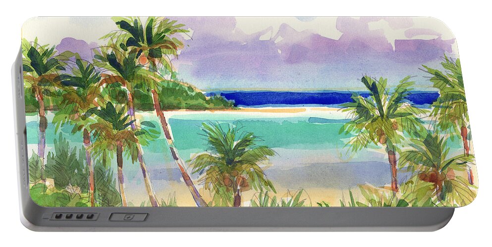Cook Islands Portable Battery Charger featuring the painting Coconut Palms and Lagoon, Aitutaki by Judith Kunzle