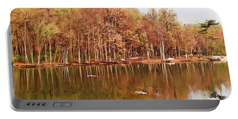 Coe Lake Portable Battery Charger featuring the digital art Coe Lake at Gloamin' by Gary Olsen-Hasek