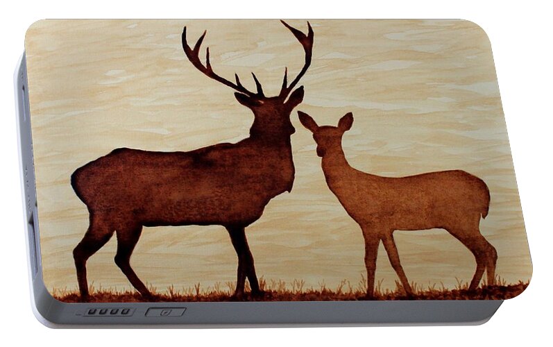 Deers Original Coffee Art On Paper Portable Battery Charger featuring the painting Coffee painting Deer Love by Georgeta Blanaru