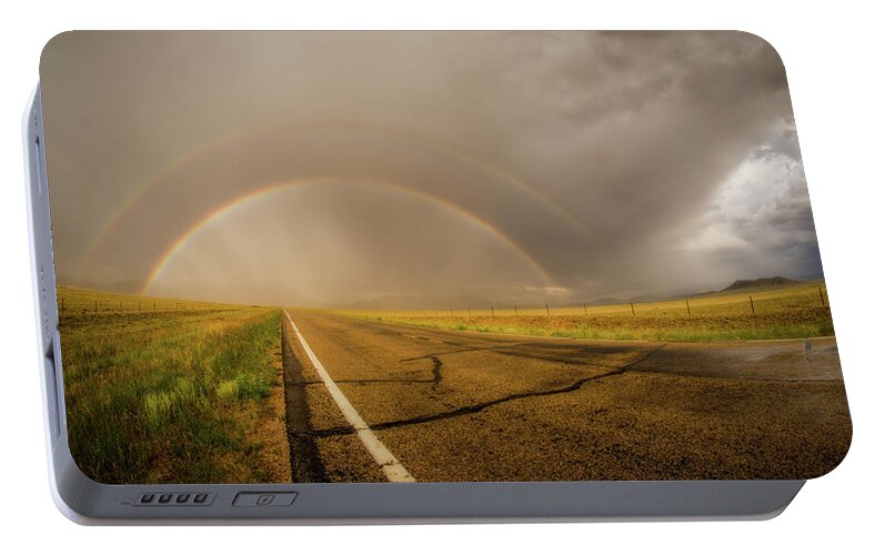 American West Portable Battery Charger featuring the photograph Colorado Double Rainbow by Chris Bordeleau