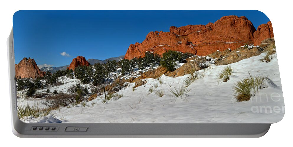 Garden Of The Cogs Portable Battery Charger featuring the photograph Colorado Winter Red Rock Garden by Adam Jewell